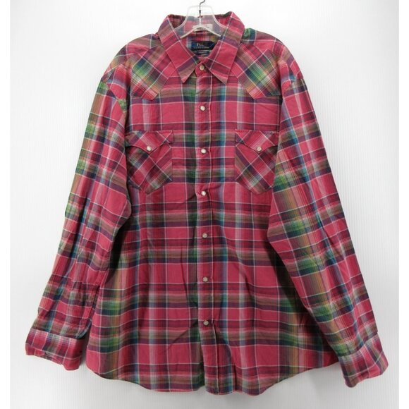 Ralph Lauren Polo Shirt XXL Indian Madras Plaid Western Pearl Snap NEW - Picture 1 of 12